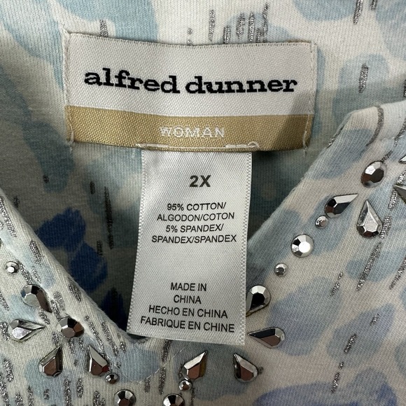 Alfred Dunner Shirt Womens 2X Blue White Animal Print 3/4 Sleeve Embellished - Picture 3 of 5
